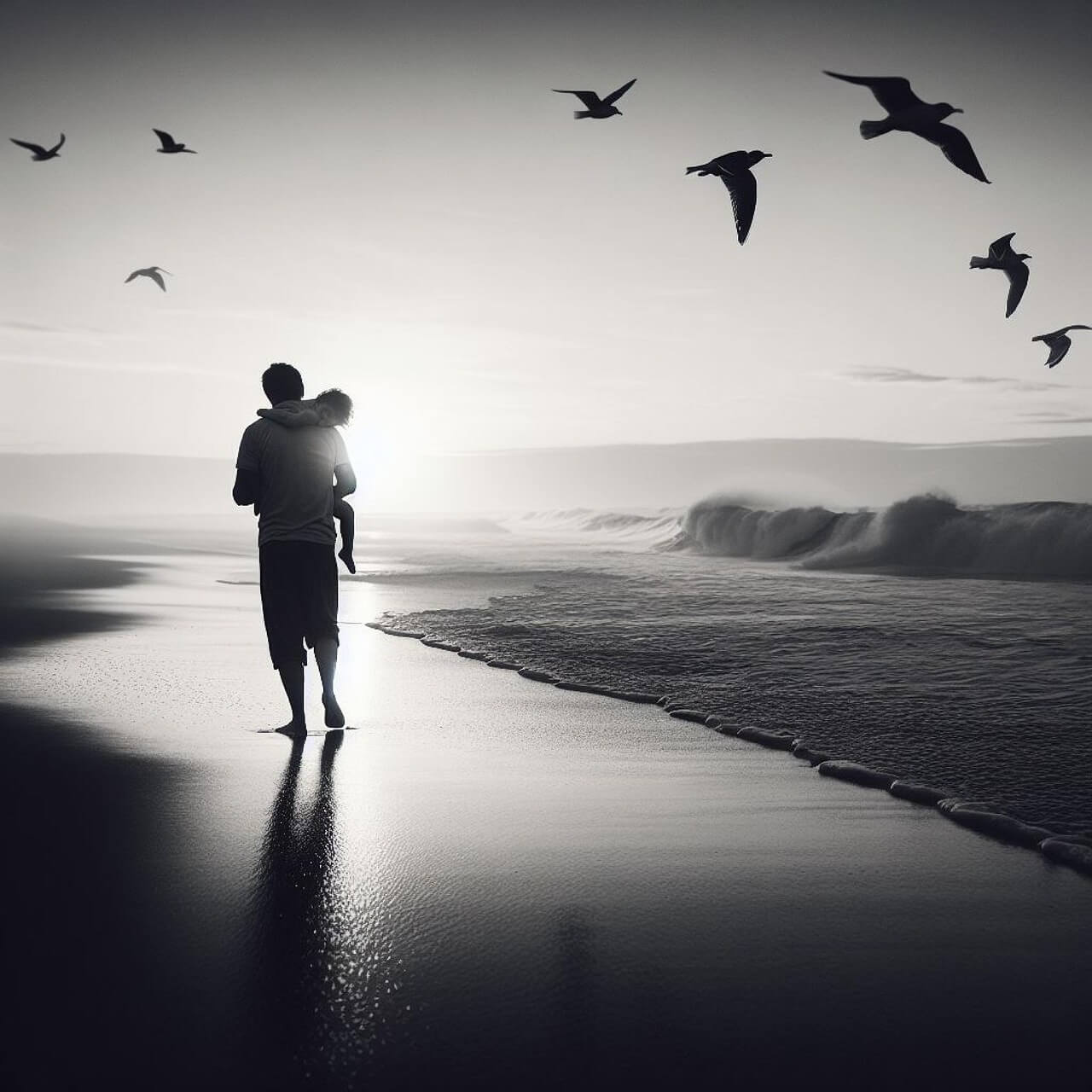 아빠가 아이를 안고 일몰 해변을 걷는 장면