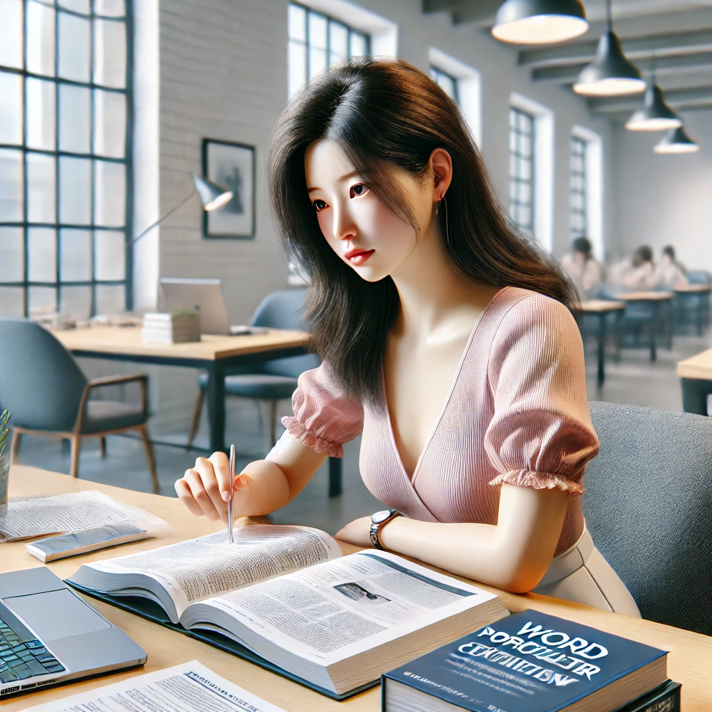 여성이 현대적인 사무실 책상에 앉아 워드프로세서 자격증 시험을 준비하는 모습. 그녀는 교재를 집중해서 읽으며, 노트북과 책상이 정리되어 있습니다. 방은 밝고 현대적인 분위기입니다