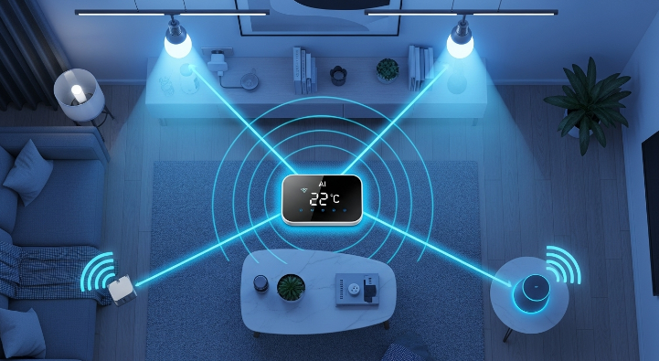 AI 온도 조절기가 스마트 조명, 스마트 플러그 등 다양한 스마트홈 기기들과 무선으로 연결되어 통합 시스템을 이루는 모습입니다.