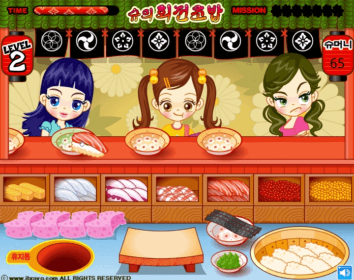 슈의-회전초밥-플래시게임-플레이2-완성된-연어-초밥을-접시위에-올리는-화면