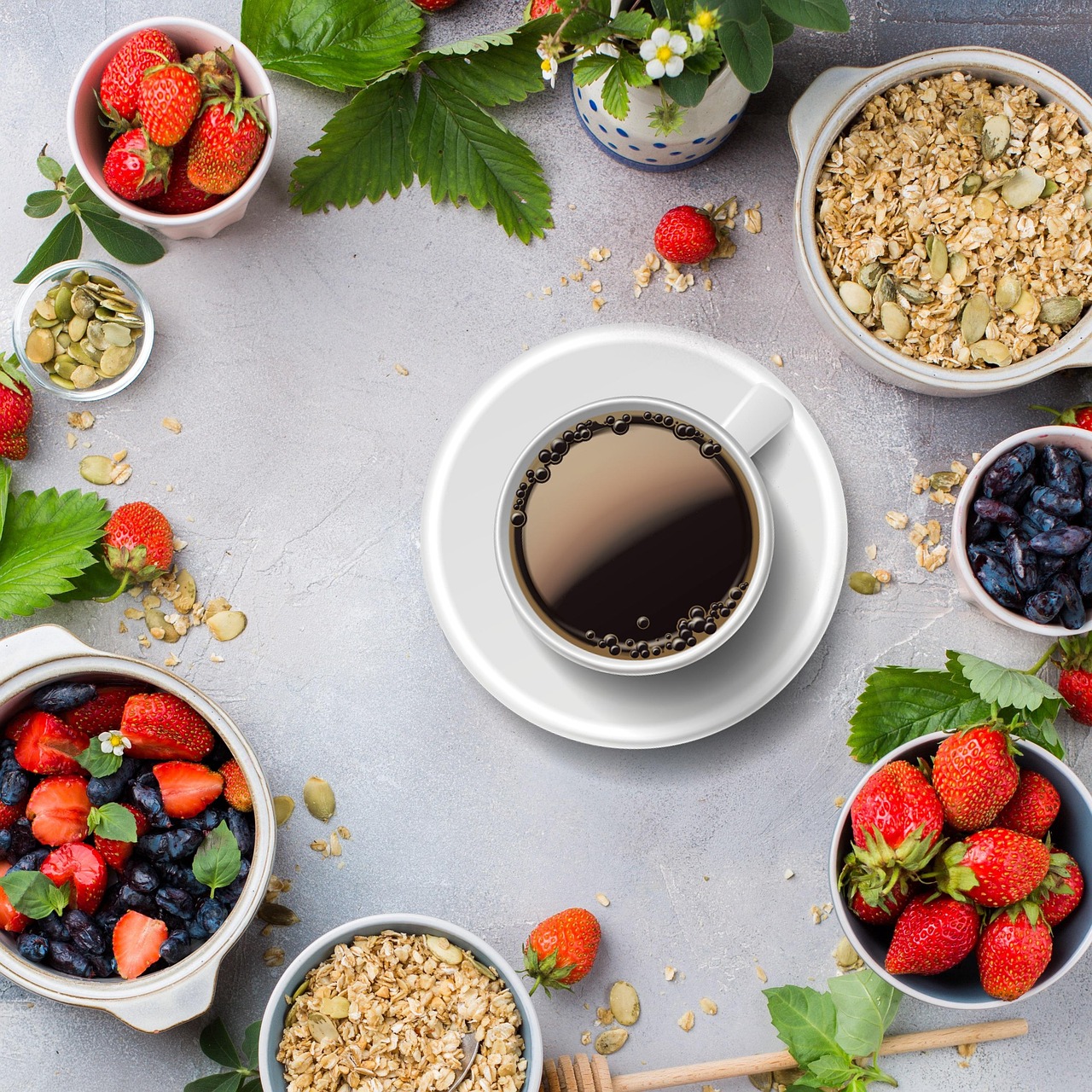 커피, 과일, 오트밀, 블루베리