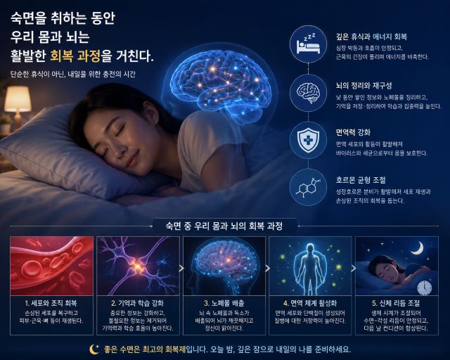 숙면 중 몸과 뇌의 회복 과정을 표현한 이미지