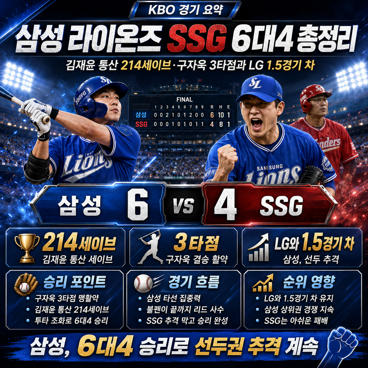 삼성 라이온즈 SSG 6대4 총정리: 김재윤 통산 214세이브&middot;구자욱 3타점과 LG 1.5경기 차