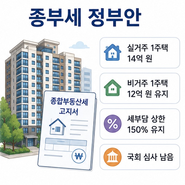 실거주 1주택 종부세 기본공제 14억 원과 비거주 1주택 12억 원 유지, 세부담 상한 150% 유지 내용을 설명한 이미지