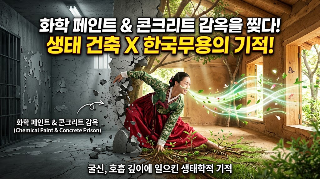 화학 페인트와 콘크리트의 숨 막히는 감옥을 찢고, 흙과 나무의 숲으로: 생태 건축물 안에서 한국무용의 굴신이 무용수의 호흡 깊이에 일으키는 생태학적 기적