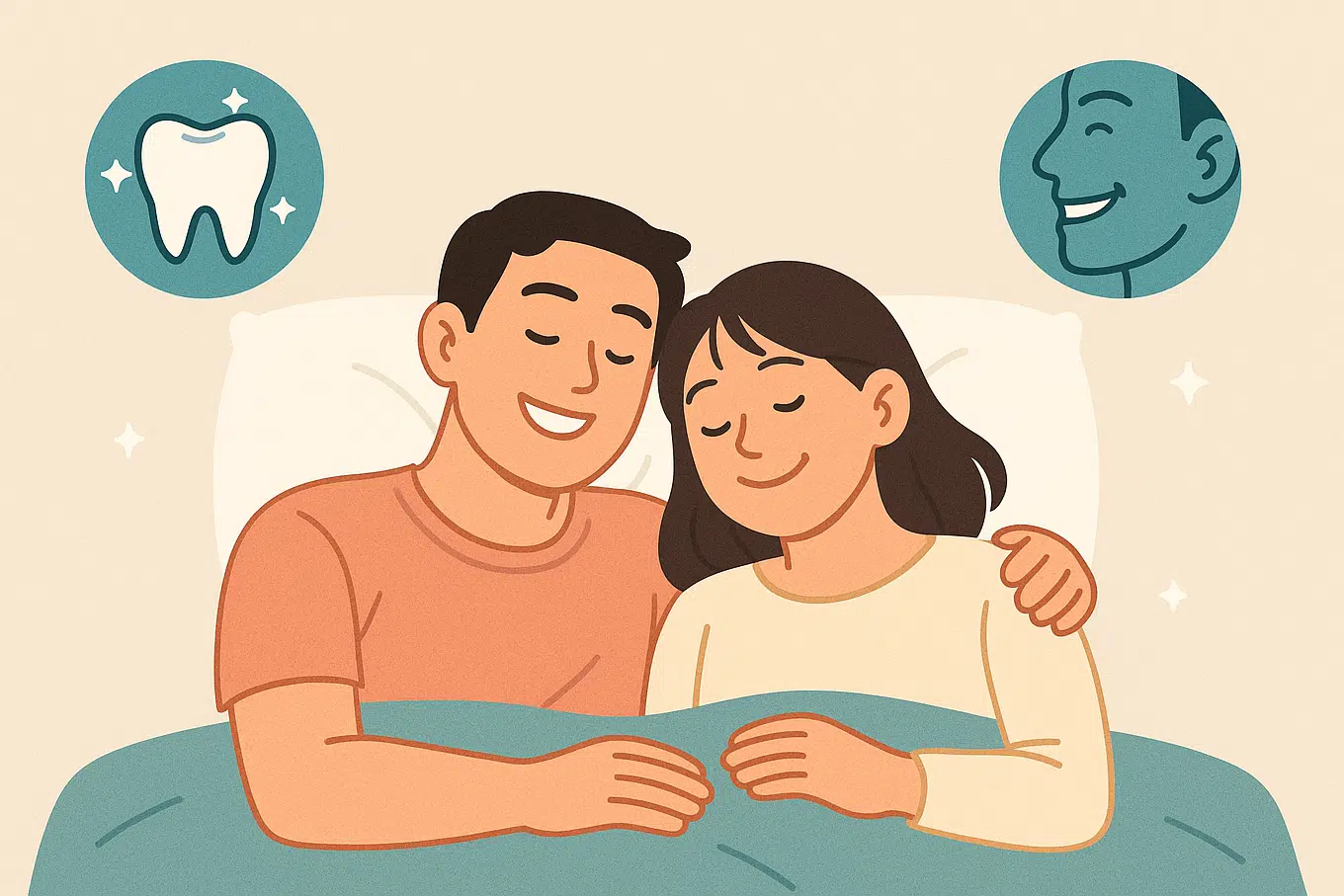 밝은 표정으로 숙면하는 남녀, 건강한 치아와 턱