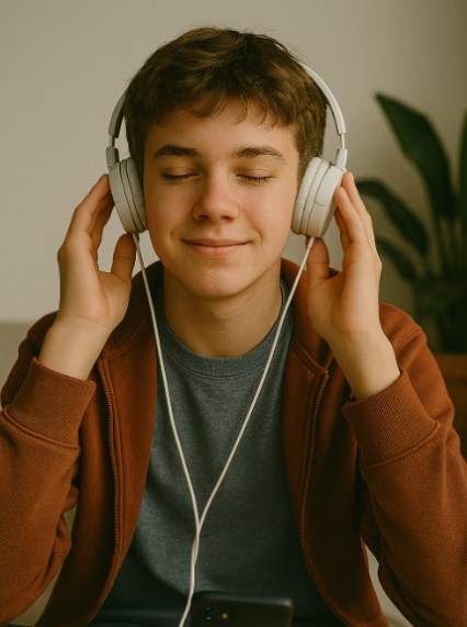 트랜디한 음악을 듣고 있는 10대의 모습