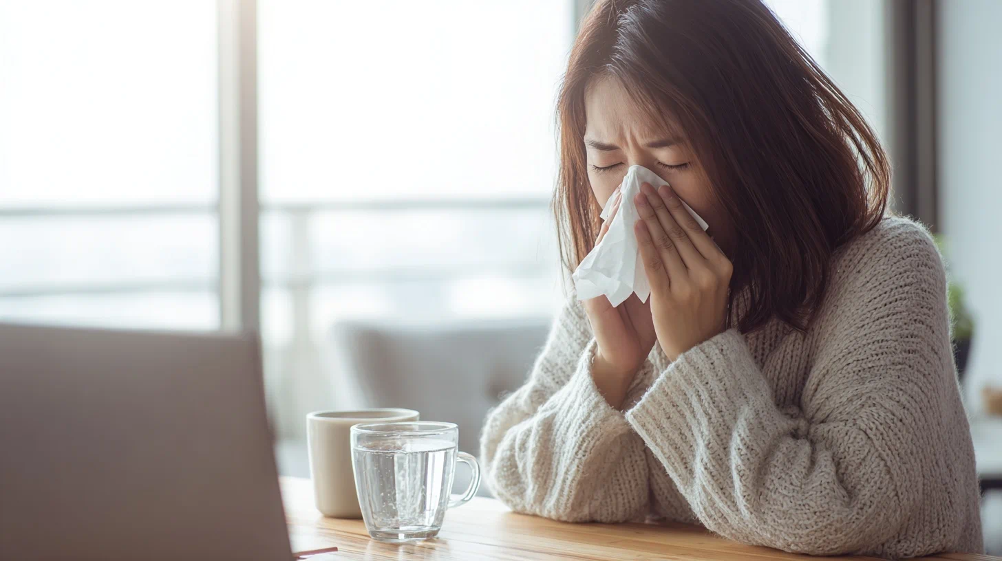 감기 증상으로 콧물을 닦는 사람 이미지
