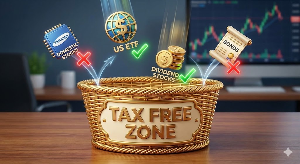 ISA 바구니 안에 '미국 ETF'와 '국내 배당주'는 들어가고, '삼성전자'와 '채권'은 튕겨 나가는 직관적인 일러스트. 바구니에는 'Tax Free Zone'이라는 라벨 부착