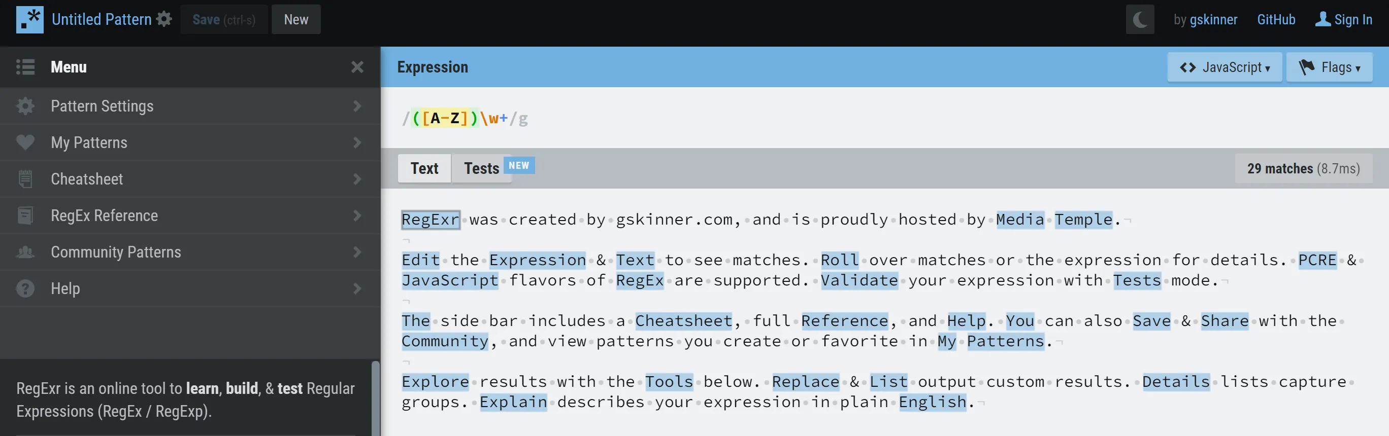 RegExr 사이트 창