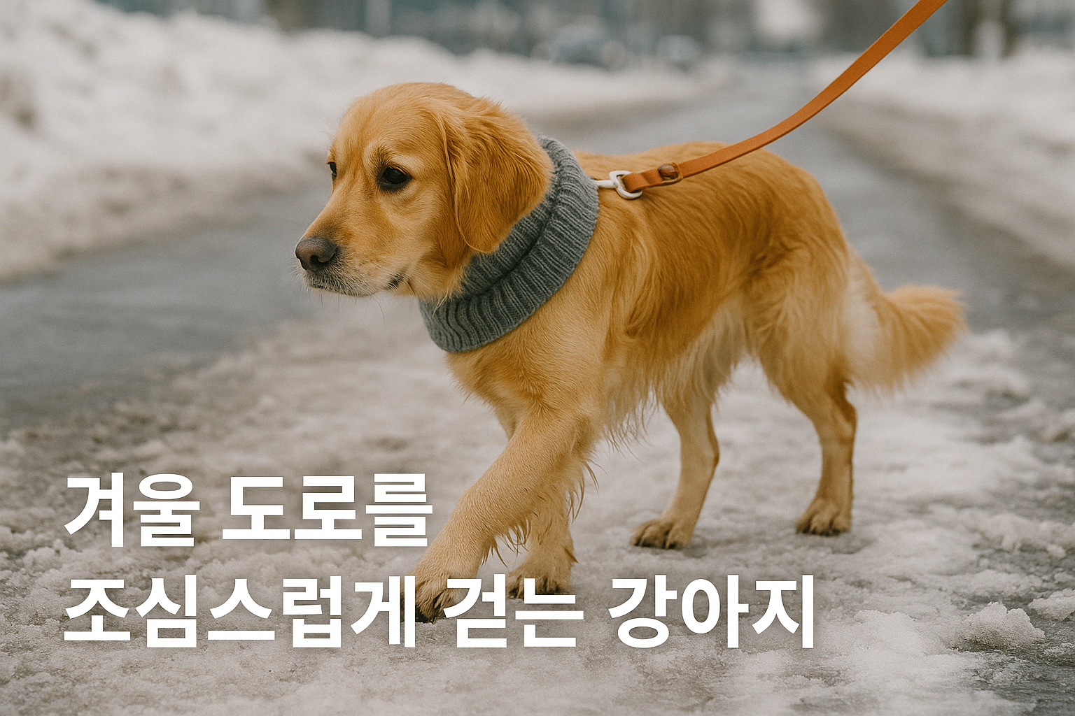 겨울 도로를 조심스럽게 걷는 강아지 이미지