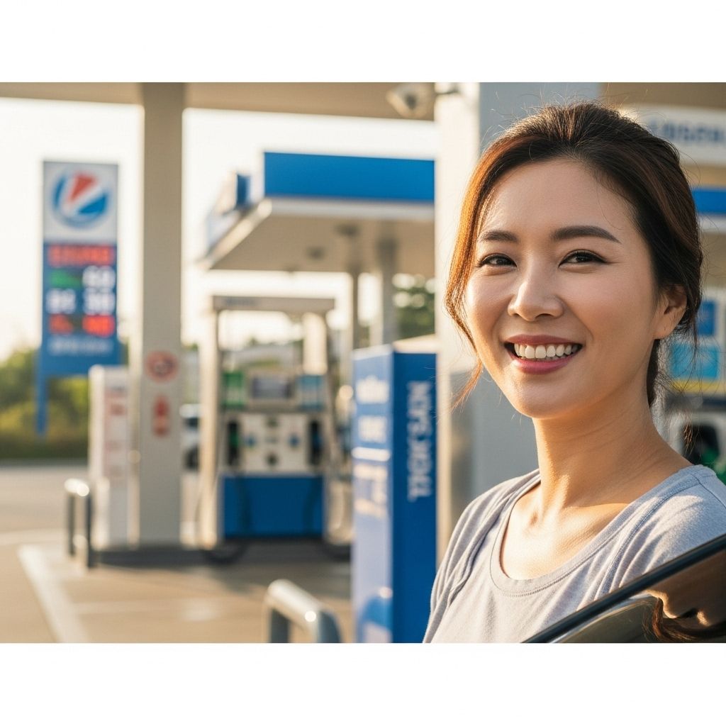 경차 사랑카드, 주유소 앞에서 웃고 있는 여성