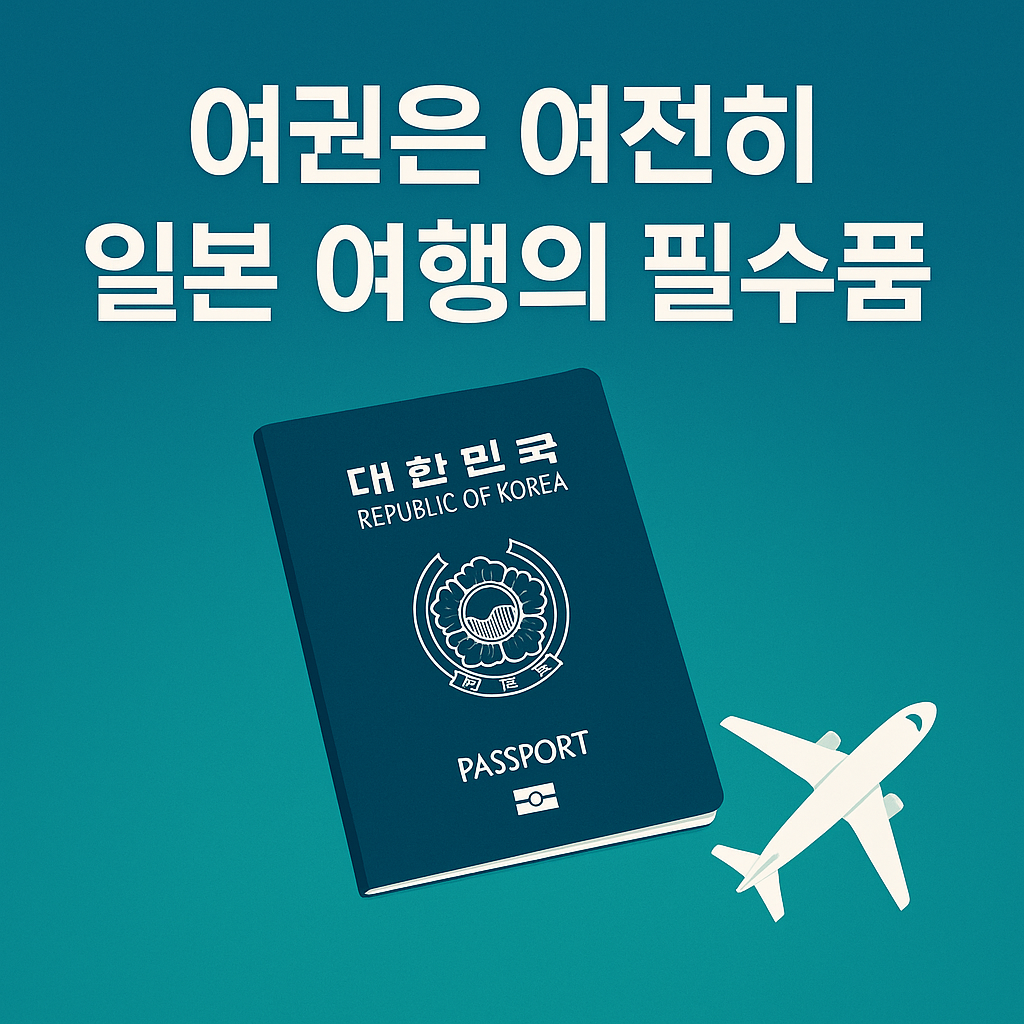대한민국 여권과 비행기 아이콘이 함께 있는 일본 여행 필수품 안내 이미지, '여권은 여전히 일본 여행의 필수품' 문구 포함