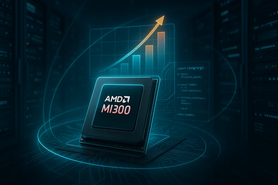 AMD MI300 GPU 칩과 서버랙 배경 위로 LLM 서빙 성능 최적화 그래프가 떠 있는 미래형 일러스트