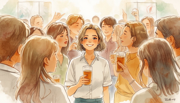 ESFP는 따뜻하고 생기 넘치는 에너지로 주변을 즐겁게 만들며, 사람들과 어울리는 것을 좋아하는 유형입니다에 관한 그림입니다.