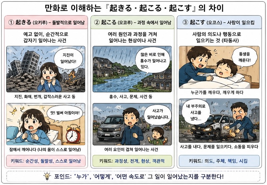 만화로 보는 起きる(오키루), 起こる(오코루), 起こす(오코스)의 차이(돌발성/과정성/의도)