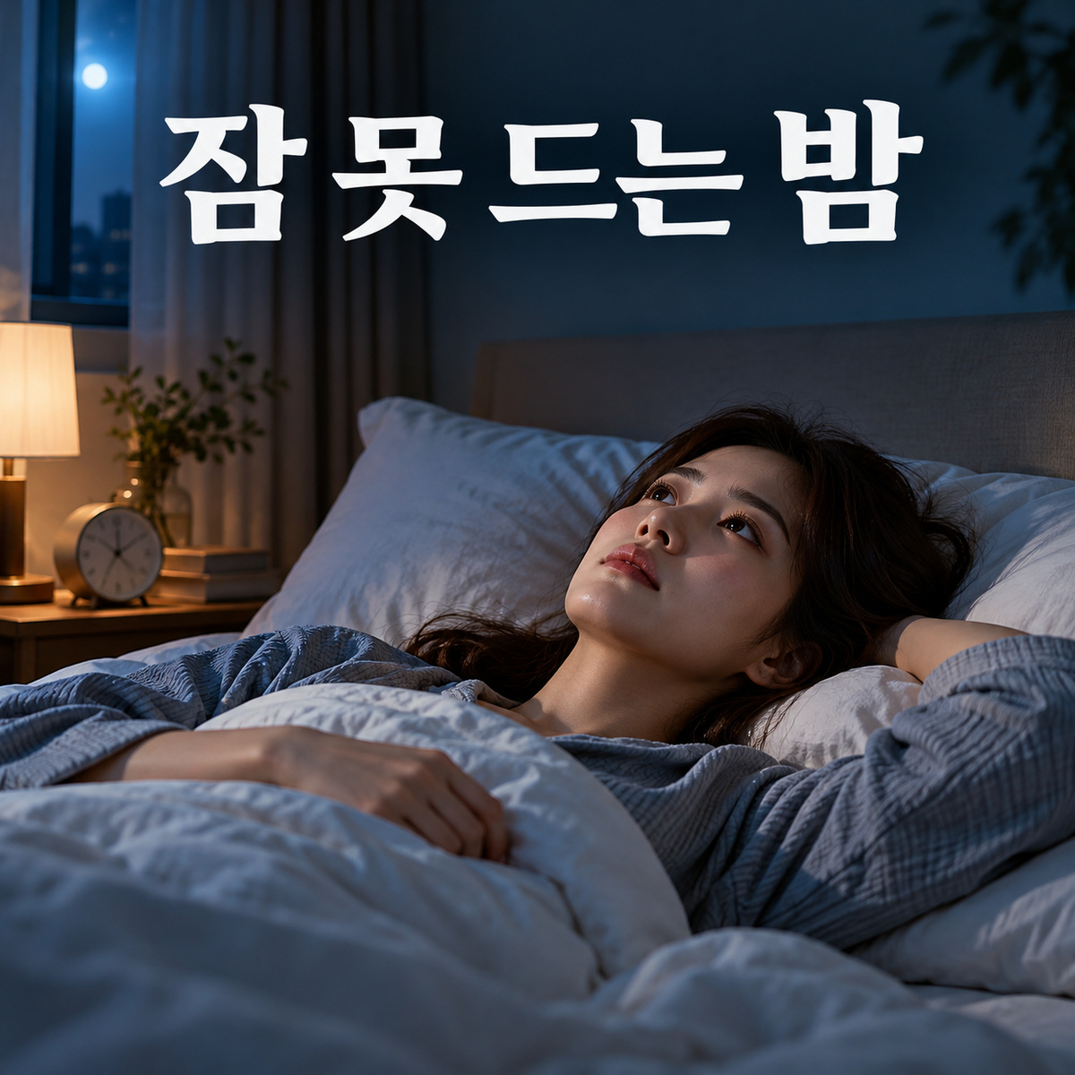 어두운 침실에서 잠들지 못하고 천장을 바라보는 여성과 잠 못 드는 밤이라는 문구가 있는 대표 이미지