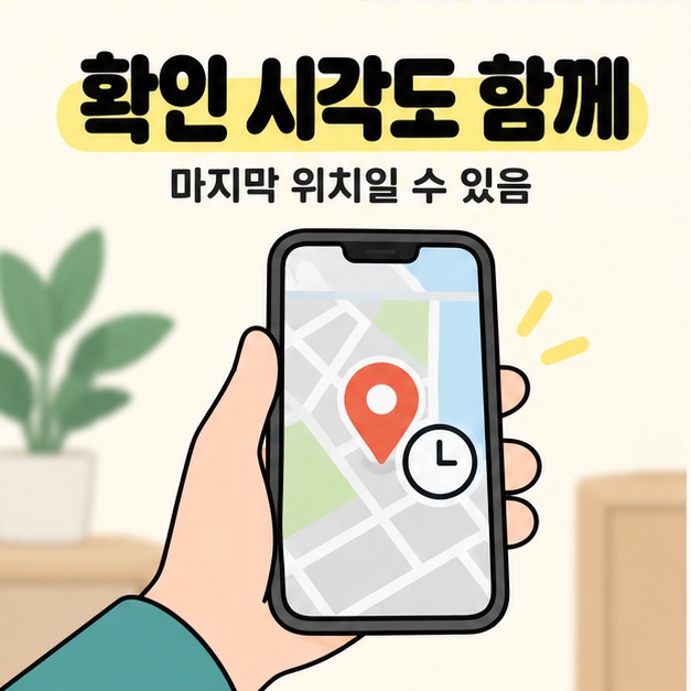 확인 시각도 함께와 마지막 위치일 수 있음 문구 아래 손에 든 스마트폰 화면에 개념 지도와 위치 핀, 시계가 표시된 삽화