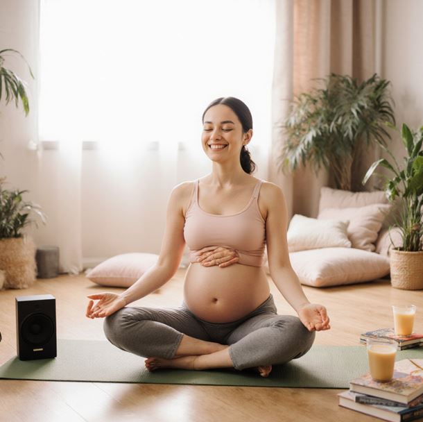 임신한 여성이 조용한 공간에서 명상을 하고 있는 모습