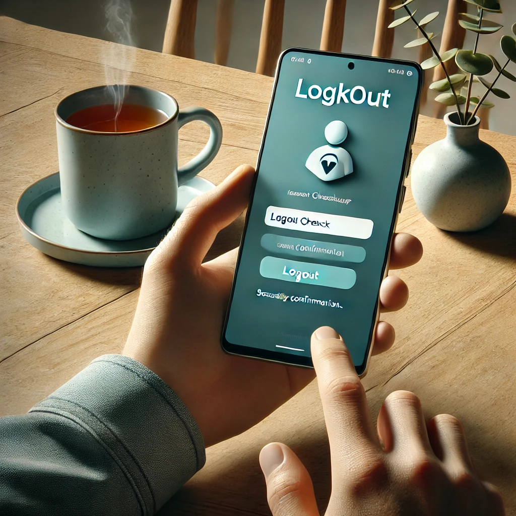 스마트폰에서 건강검진 앱 로그아웃을 진행하는 사람. 화면에 로그아웃 확인 메시지가 표시되어 있으며&amp;#44; 차 한 잔과 작은 꽃병이 놓인 단순한 배경의 식탁에 앉아 있는 모습