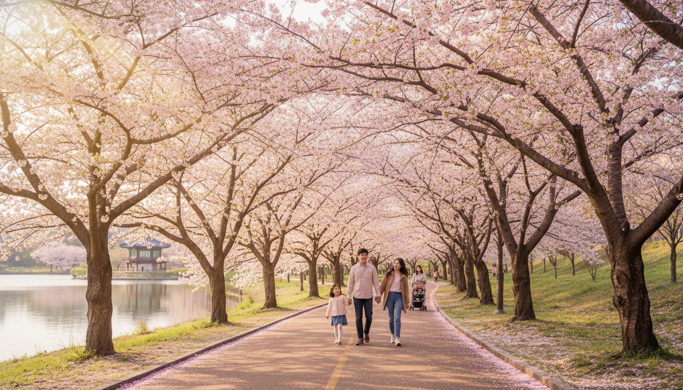 2026년 만개한 핑크빛 파주 벚꽃 산책로의 평화로운 풍경