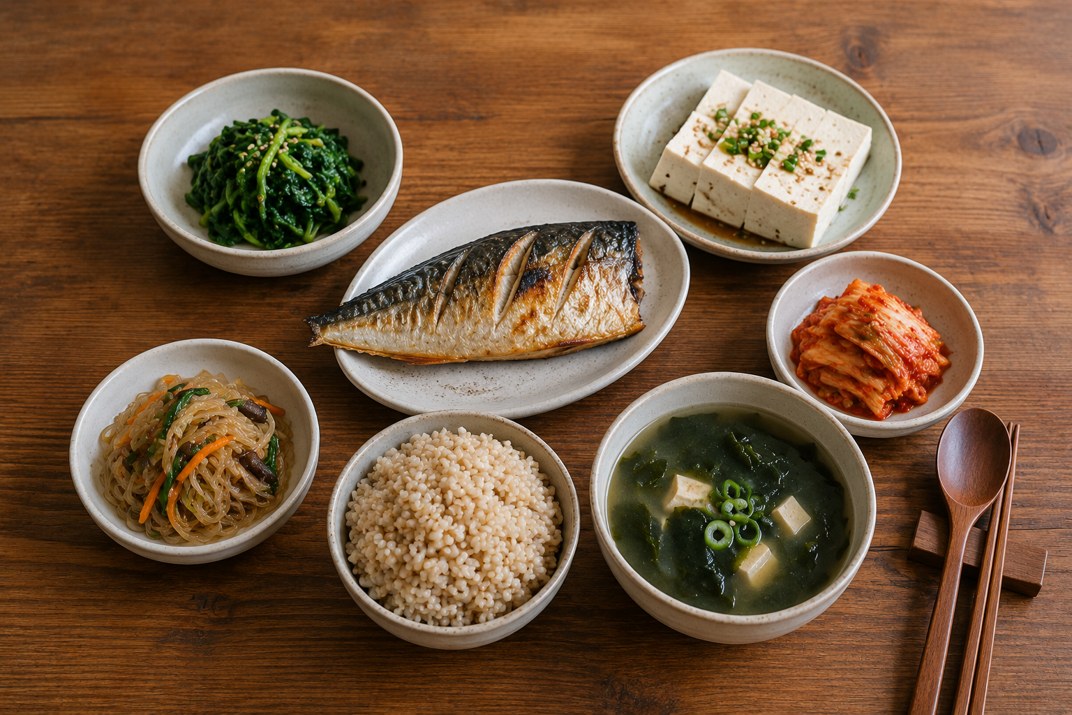 잡곡밥 두부 생선 채소 반찬으로 구성한 균형 잡힌 점심 식단