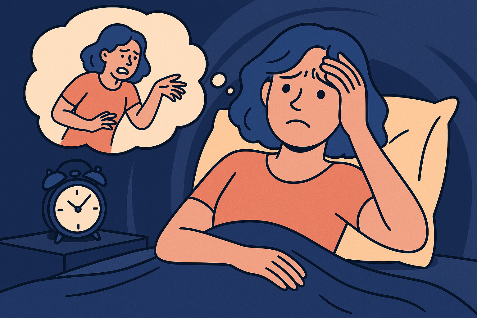 침대에 누워 부끄러운 과거 장면을 떠올리며 이마를 짚고 고민하는 여성의 일러스트