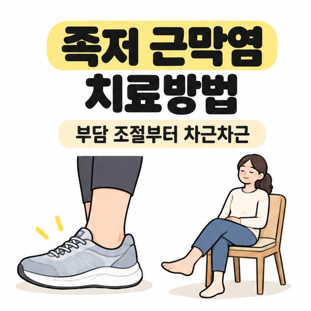 족저 근막염 치료방법 제목과 부담 조절부터 차근차근 문구 아래 쿠션 있는 운동화를 신은 발과 의자에 앉아 쉬는 사람