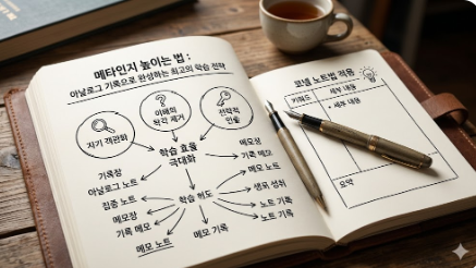 메타인지(Metacognition) 향상과 인출 학습(Retrieval) 루틴을 위해 목표를 설정하고 학습 과정을 정돈하는 코넬 노트법이 정리된 기록장과 만년필 사진