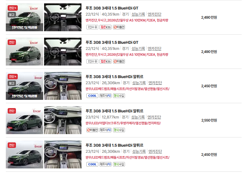 푸조 308 중고차 가격 시세표 유지비