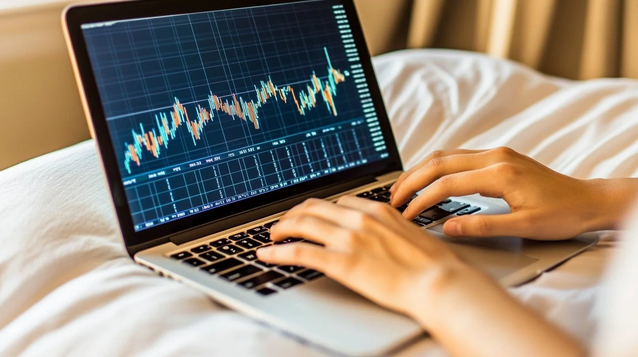 노트북에서 AI ETF 성과를 분석하는 투자자, 기술 중심의 투자 전략과 주의 깊은 분석 연출합니다.