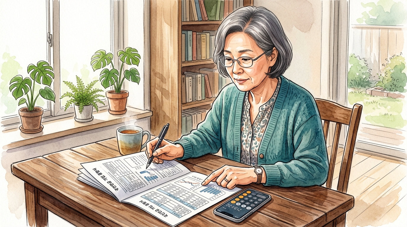 국민연금 가입 증명서를 보며 임의계속가입제도를 사용 해야 할지 계산하는 모습.