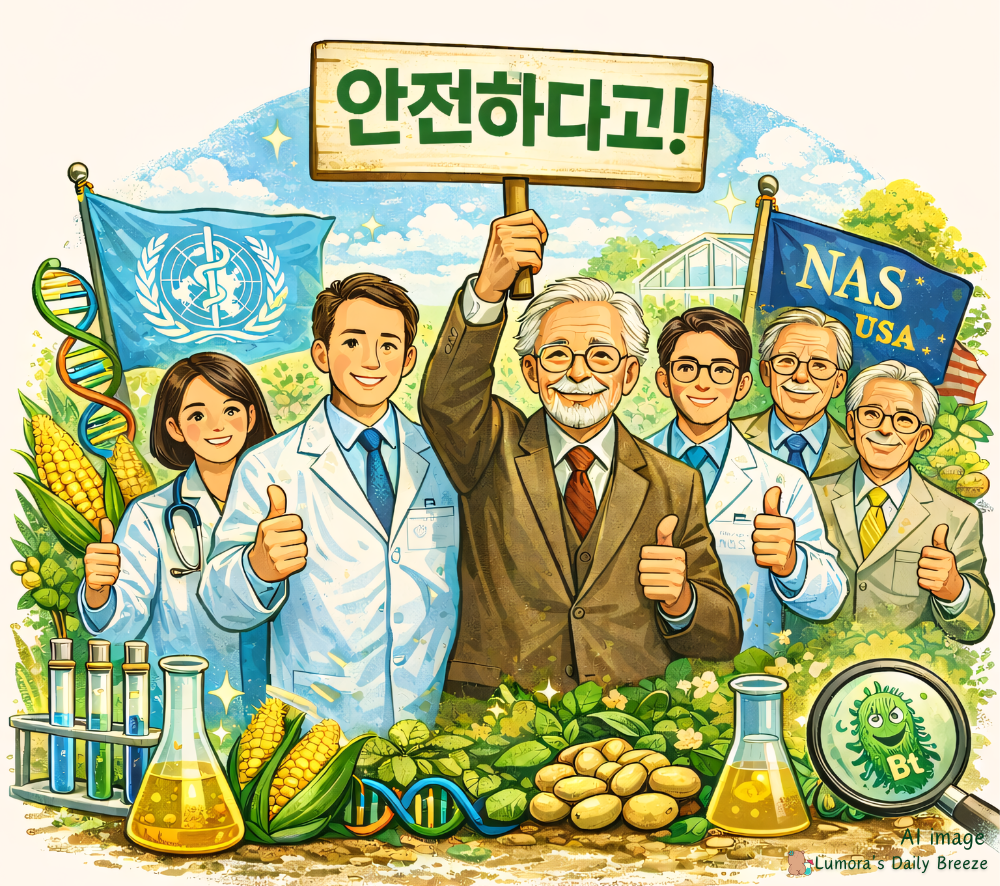 세계적으로 GMO 안전성 논란 : 현재 진행형 논쟁으로써 찬성측과 반대측의 논리가 팽팽하게 맞서고 있다. 해당 이미지는 찬성측(WHO, NAS, 노벨수상자123명을 바탕으로 애니메이션 이미지화한 만평)