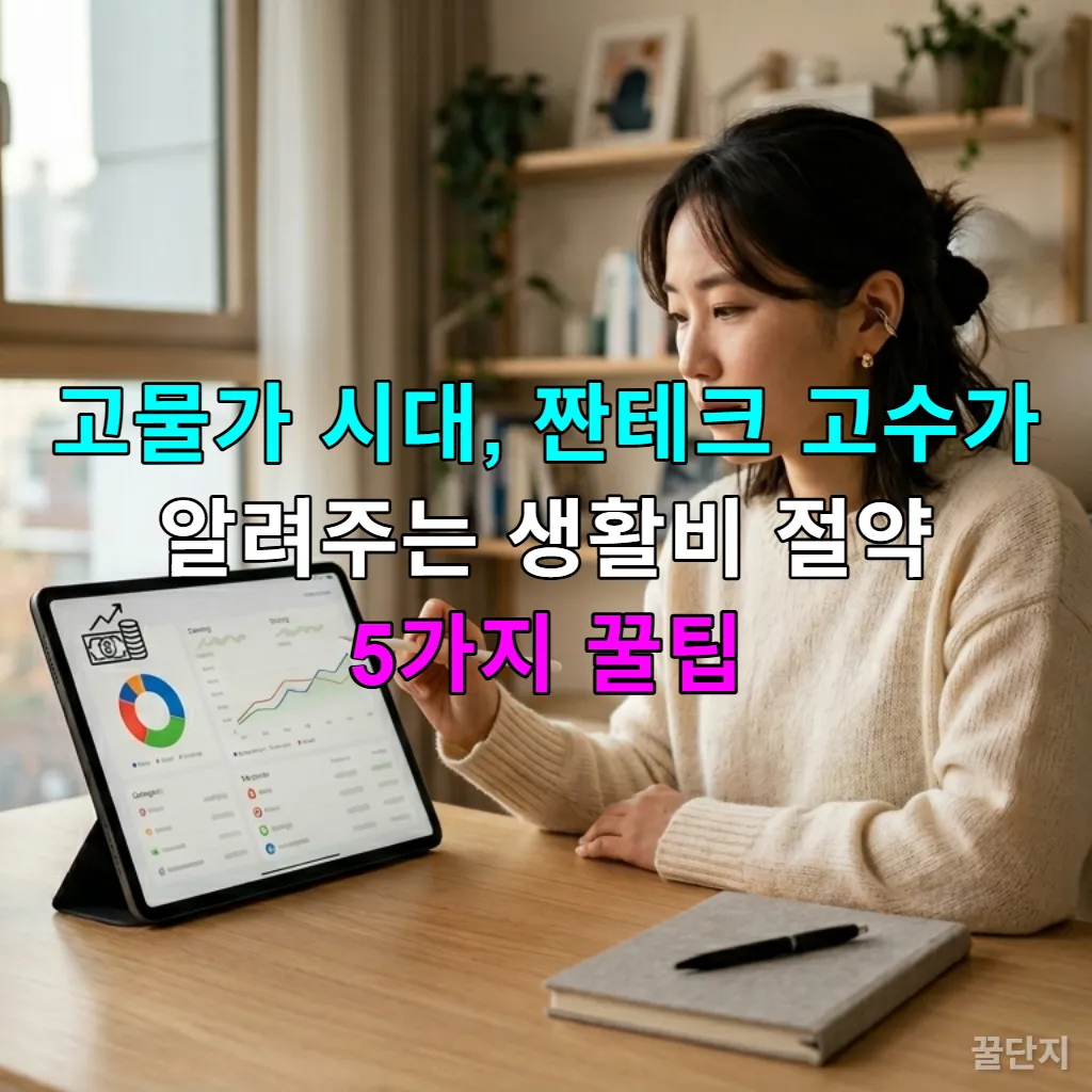 고물가 시대에 스마트폰으로 가계부를 정리하며 생활비를 절약하는 젊은 한국 여성