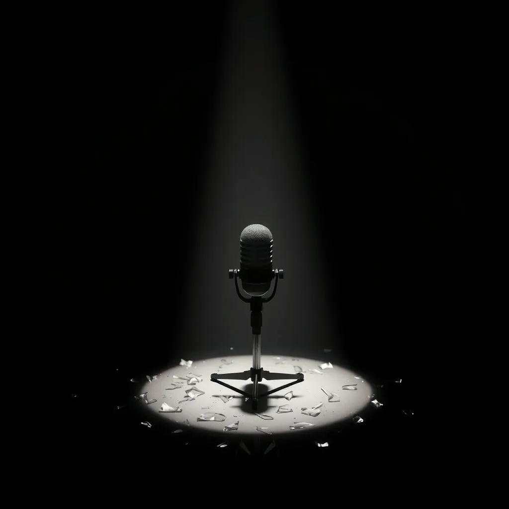 어두운 배경 속에서 하나의 밝은 스포트라이트가 마이크와 카메라를 비추고 있습니다. 마이크 주변에는 깨진 유리 파편이 흩어져 있어, 언론 자유를 위협하는 요소를 암시합니다. 빛과 어둠의 대비를 강조한 이미지