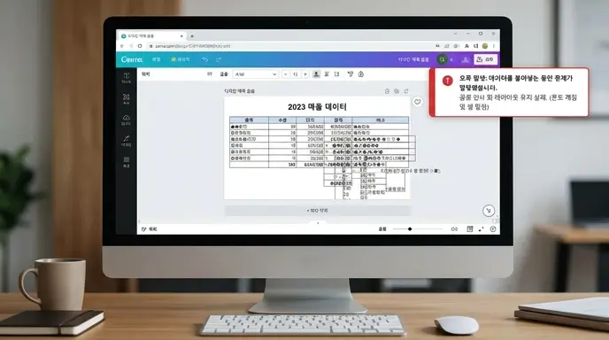 캔바 웹 에디터에서 엑셀 복사 붙여넣기 시 발생하는 폰트 깨짐 및 셀 밀림 에러 화면