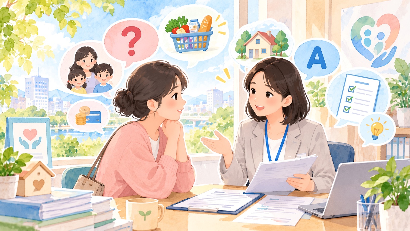 긴급복지: 생계지원에 대하여 세댁이 상담사와 의논 하고 있다.