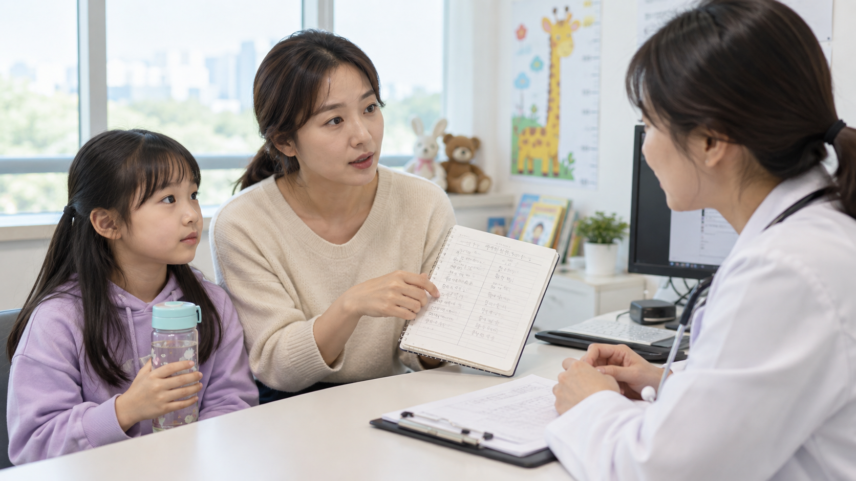 아이가 물을 자주 마시고 소변이 늘었을 때, 소아당뇨 의심 신호와 진료 준비 상황에서 부모와 아이가 다음 행동을 확인하는 실제 생활 장면