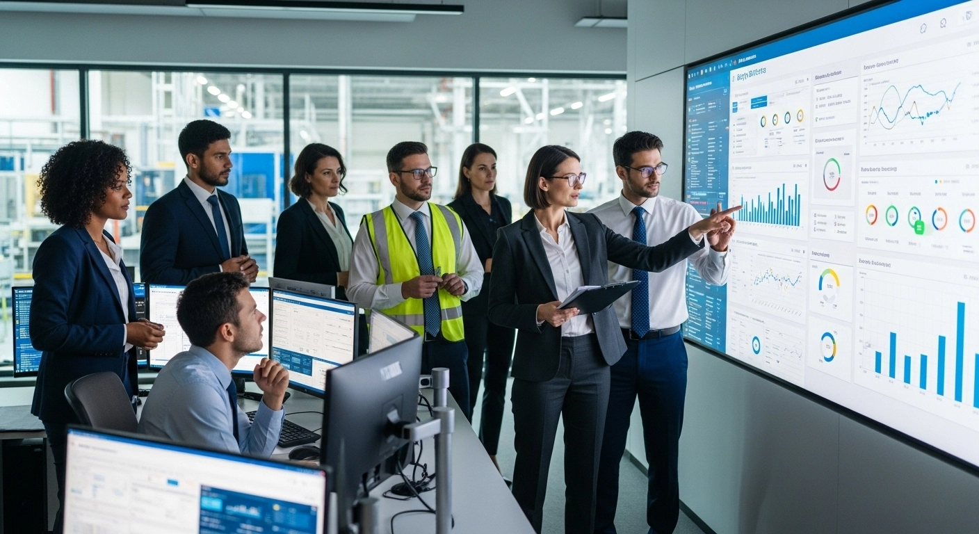 경영진과 안전관리자들이 최신 공장 관제실에서 안전 KPI와 위험성 평가 데이터가 표시된 디지털 대시보드를 보며 리스크를 분석하는 모습.