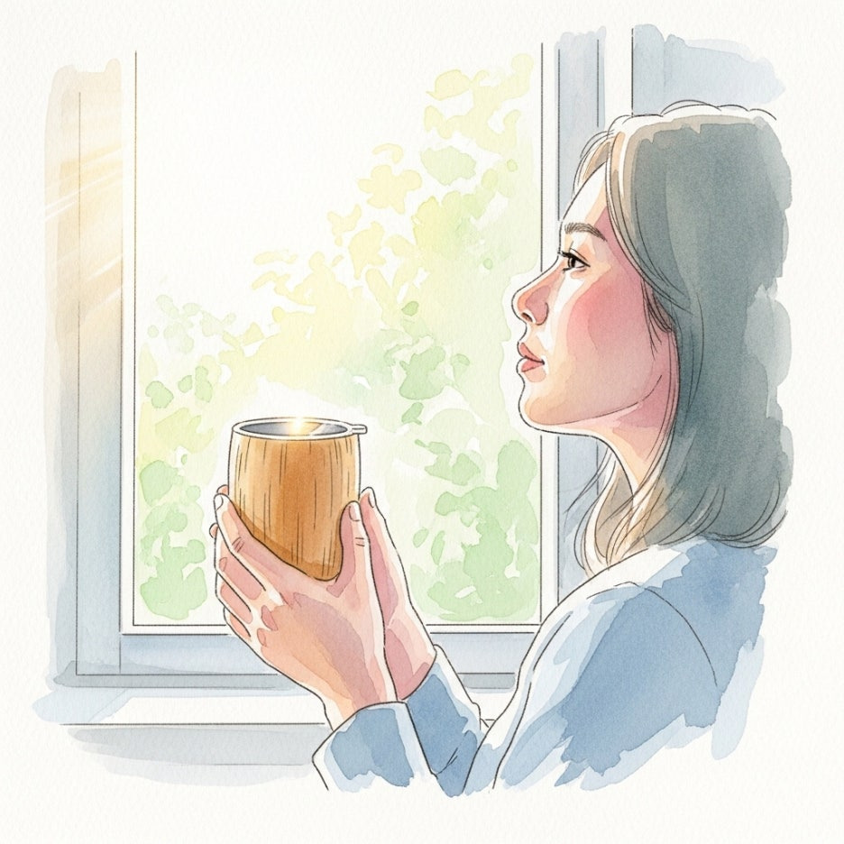 텀블러를 들고 창밖을 바라보는 평온한 아침 풍경
