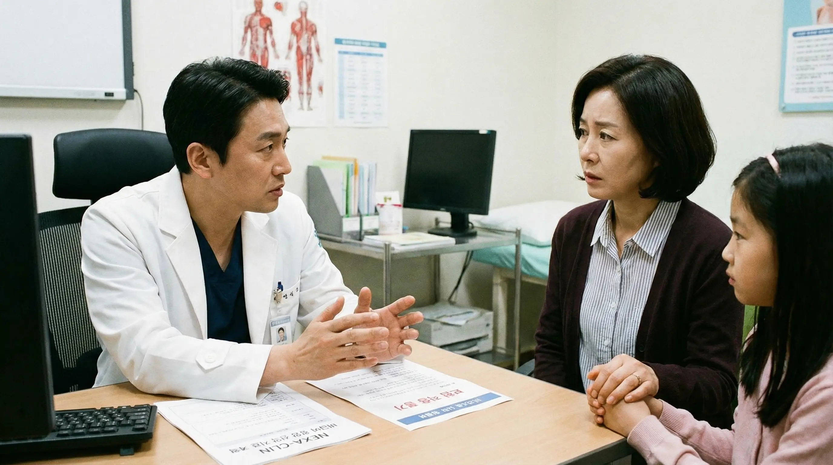 의사가 환자에게 고가의 비급여 항암 신약 치료 계획과 보험 적용 여부를 설명하는 진지한 모습