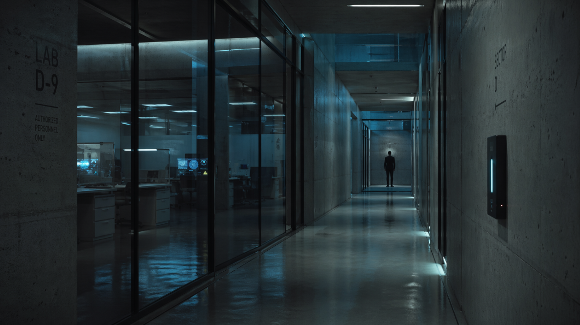 푸른 조명이 약하게 비치는 연구 시설 복도 끝에 한 남자가 홀로 서 있는 차갑고 긴장된 장면