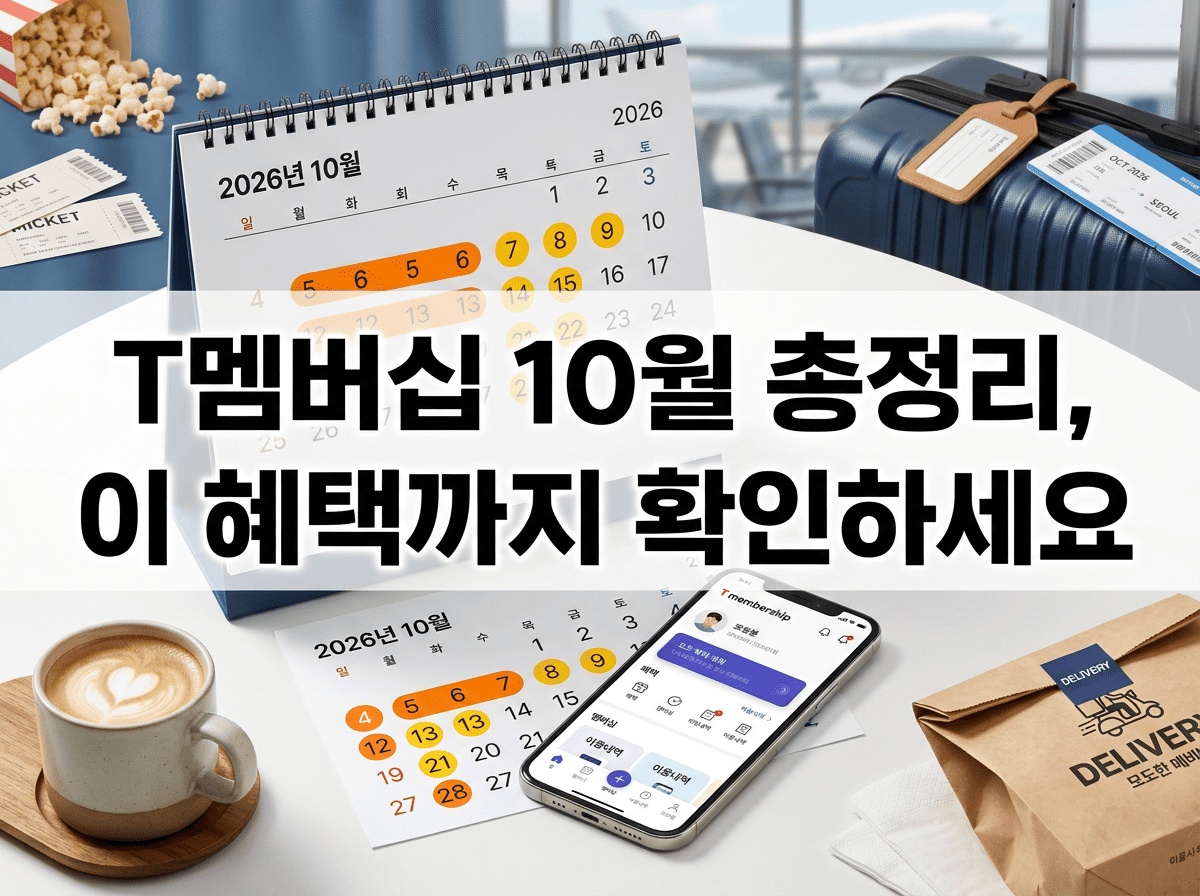 10월 달력과 스마트폰, 영화·여행 소품을 배치한 T멤버십 10월 총정리 대표 이미지