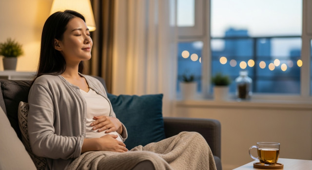 배를 편하게 누르며 웃는 여성