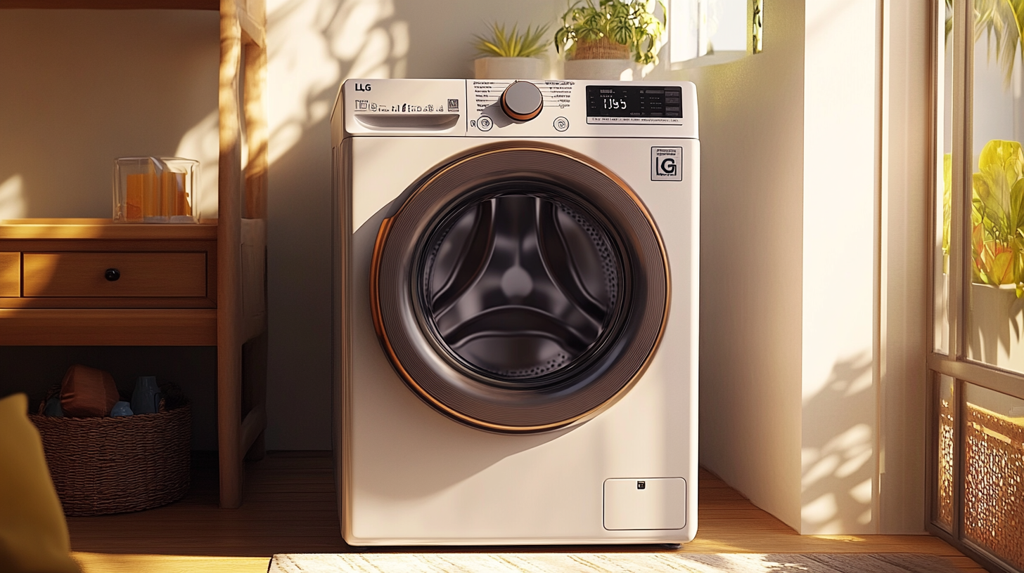 LG T19MX7 세탁기의 넉넉한 19kg 드럼과 사용자 친화적인 컨트롤 패널을 아늑한 가정 환경에서 강조한 사진.