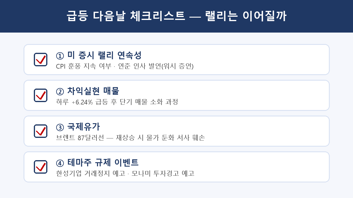 미 증시 연속성, 차익실현, 유가 87달러, 테마주 규제 이벤트 등 급등 다음날 점검 항목 4가지 인포그래픽