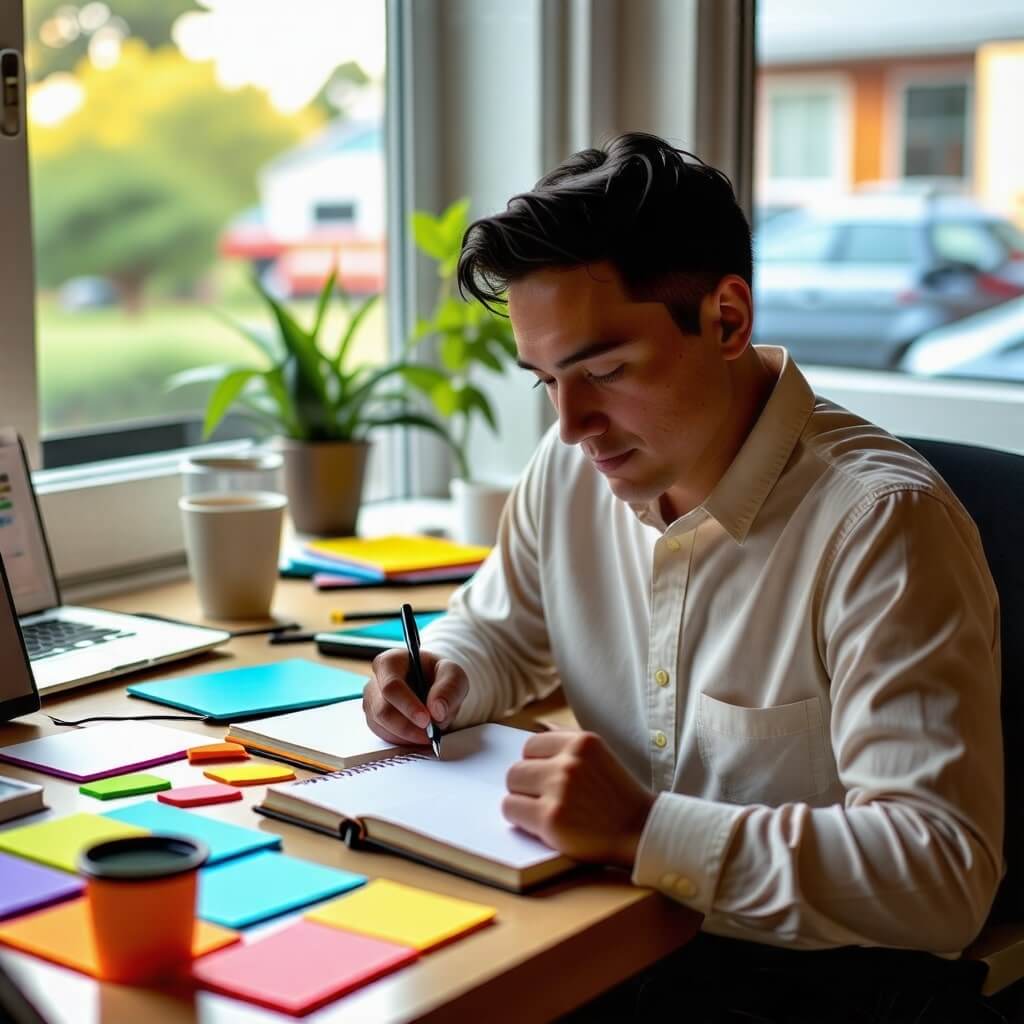 미래 계획: 미래를 계획하는 사람의 모습. 다이어리와 펜을 사용하여 계획을 세우는 장면.