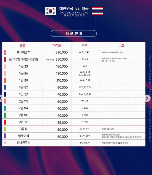 북중미 월드컵 예선 태국전 티켓 가격