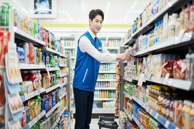 편의점에서 일하는 젊은 청년 사진