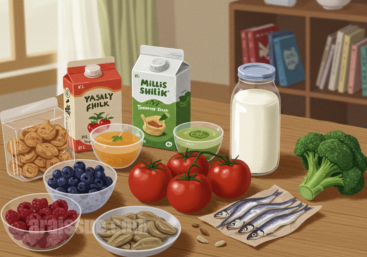 다양한 갱년기 완화식품들이 테이블 위에 나열된 모습. 우유, 토마토, 베리류, 브로콜리, 멸치, 건강 음료 등이 포함되어 있음